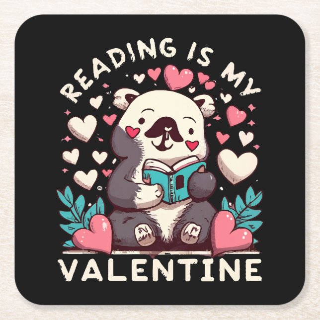 Reading Is My Valentine Square Paper Coaster (Front)