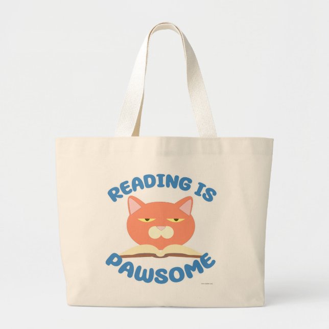 Reading is Pawsome Funny Book Fun Toon Kitty Large Tote Bag (Front)