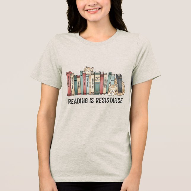 Reading Is Resistance Cat & Books T-Shirt Tri-Blend Shirt (Front)