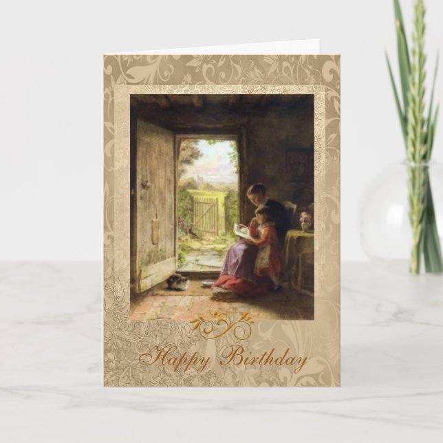 Reading Lesson Girl and Woman Hardy 1888 Birthday Card (Front)