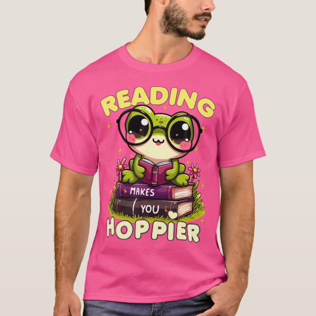 Reading Makes You Hoppier Funny Reading Month Frog T-Shirt (Front)