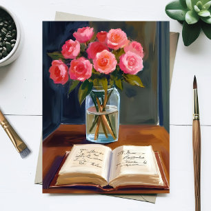 Reading Nook Pink Rose Floral Bouquet Watercolor Postcard