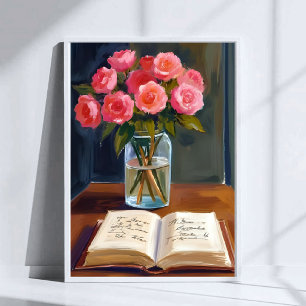 Reading Nook Pink Rose Floral Bouquet Watercolor Poster