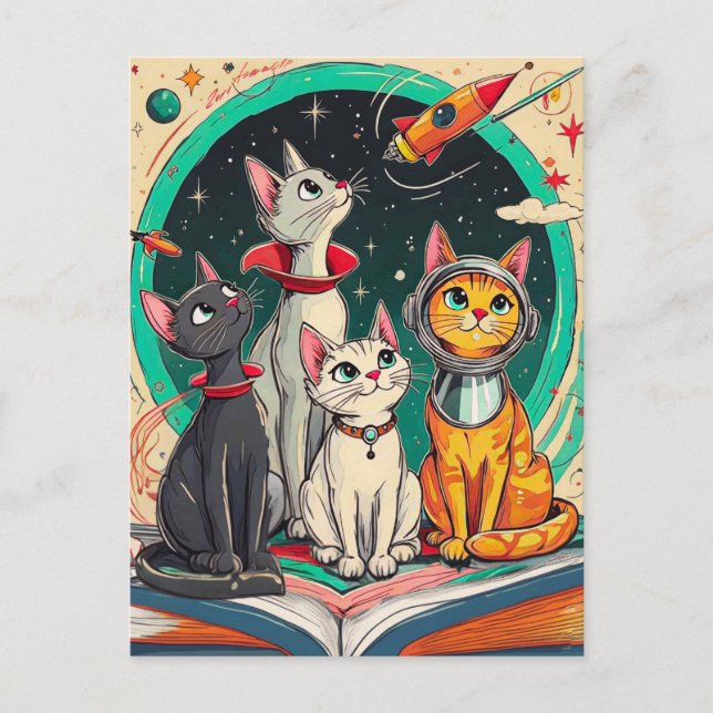 Reading Opens a Gateway to Cosmic Cat Adventures Postcard (Front)