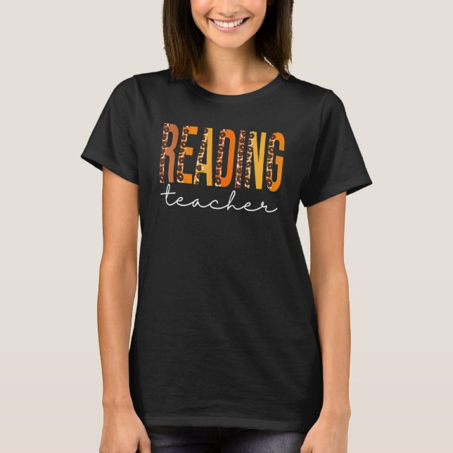 Reading Teacher Leopard Cute Fall Autumn Thanksgiv T-Shirt (Front)