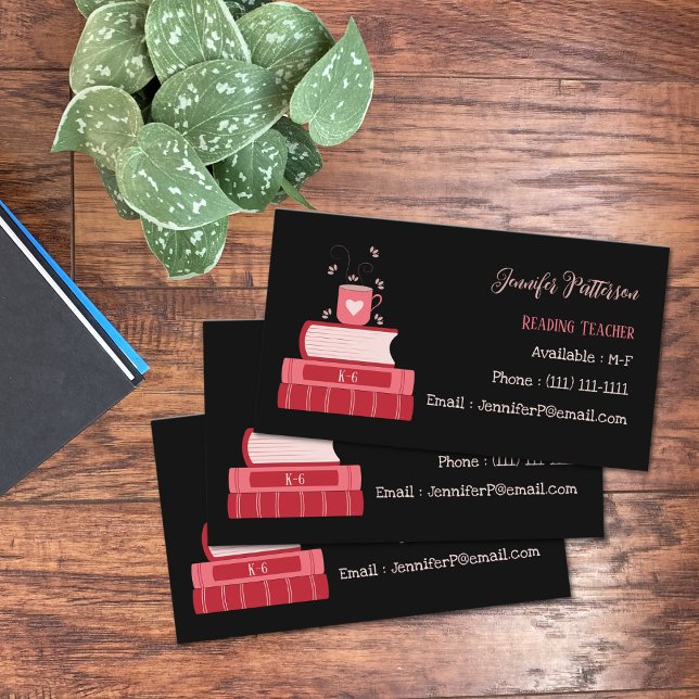 Reading Teacher Red Books Black Business Cards (Creator Uploaded)