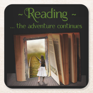 Reading, the adventure continues square paper coaster