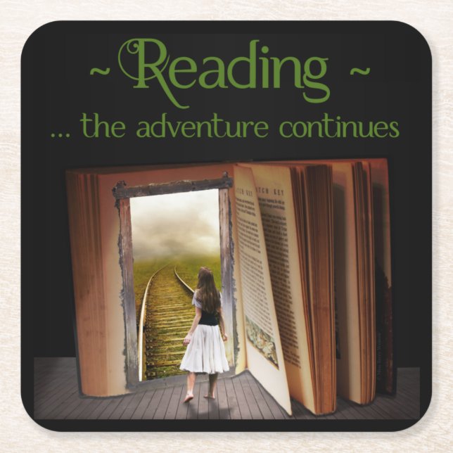Reading, the adventure continues square paper coaster (Front)