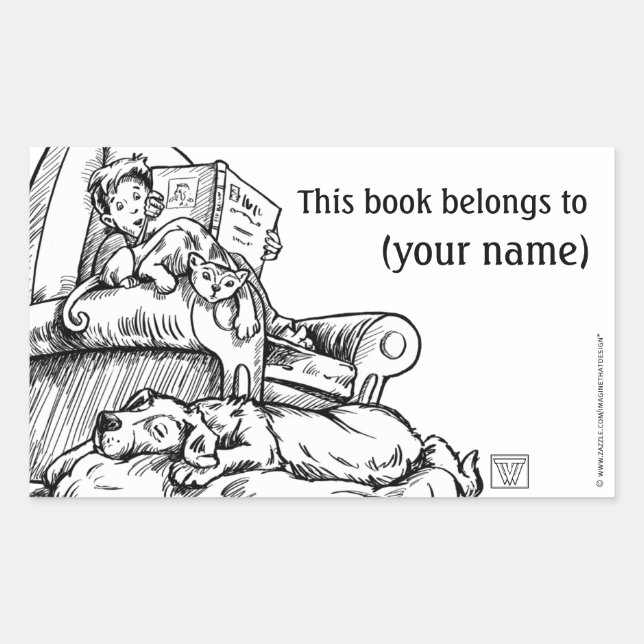 Reading to the Cat and Dog Book Plate Rectangular Sticker (Front)