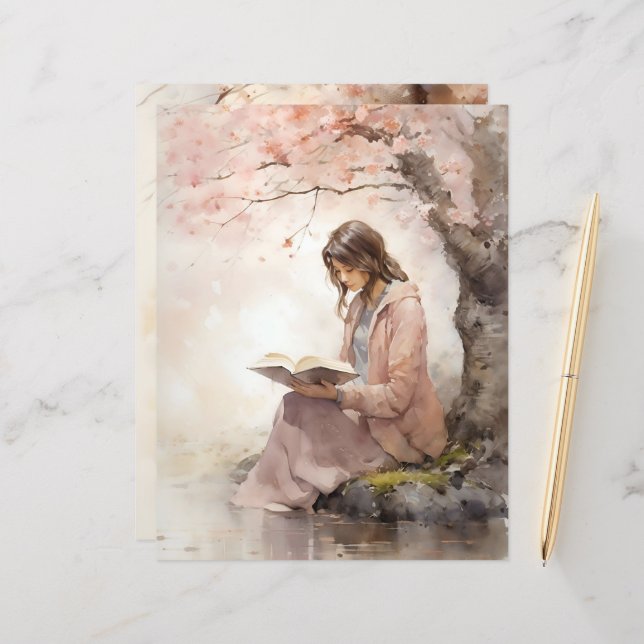 Reading Under Spring Blossom Scrapbook Paper (Front/Back In Situ)