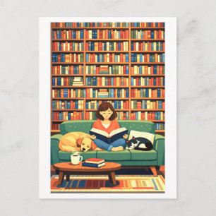Reading with Cat and Dog Illustration Postcard