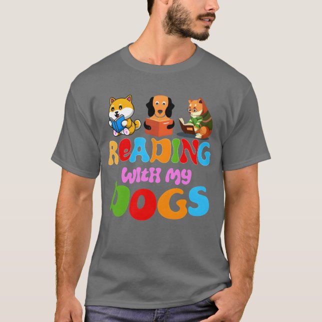 Reading With My Dogs Funny dog Book Lover family v T-Shirt (Front)