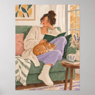 Reading Woman with Cat in Autumn – Poster
