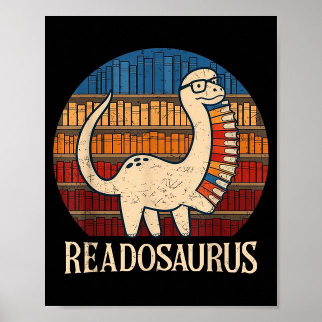 Readosaurus retro sunset funny dinosaur reading poster (Front)