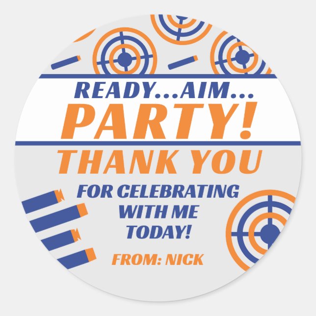 Ready, Aim, Party! Nerf Gun Themed Birthday Party Classic Round Sticker (Front)