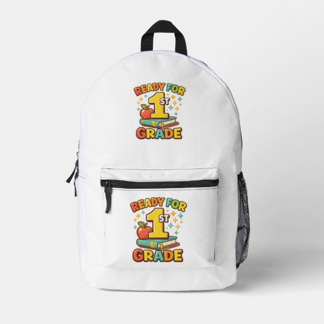 Ready for 1st Grade Retro Apple Book First Day  Printed Backpack (Front)