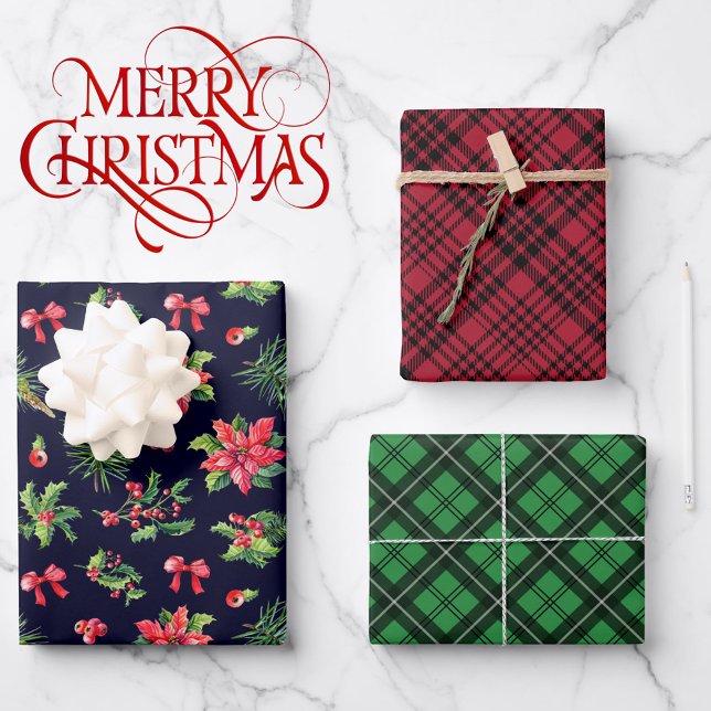 Ready For A Bow Christmas Poinsettia Red Plaid Wrapping Paper Sheet (Creator Uploaded)
