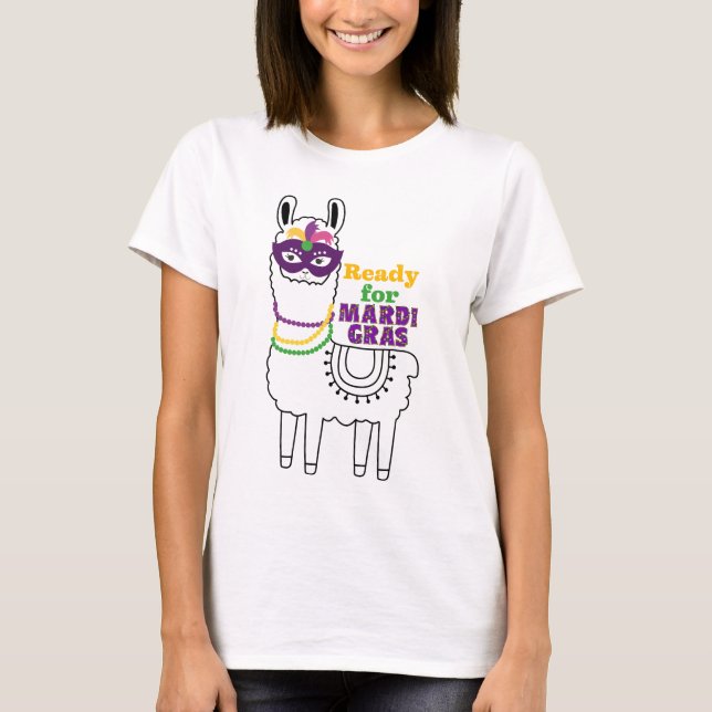 Ready for Mardi Gras cute llama beads mask T-Shirt (Front)