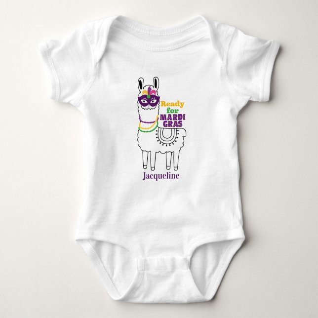 Ready for Mardi Gras cute llama beads personalised Baby Bodysuit (Front)