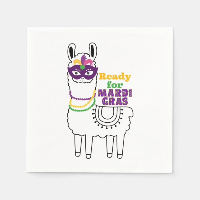 Ready for Mardi Gras llama feathered mask beads Napkin (Front)