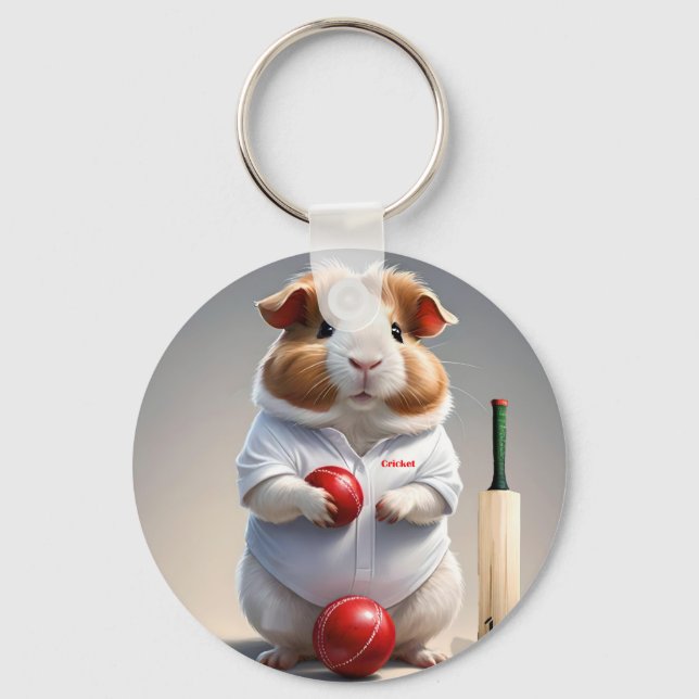 Ready for the Pitch: Guinea Pig in Cricket Gear, Key Ring (Front)