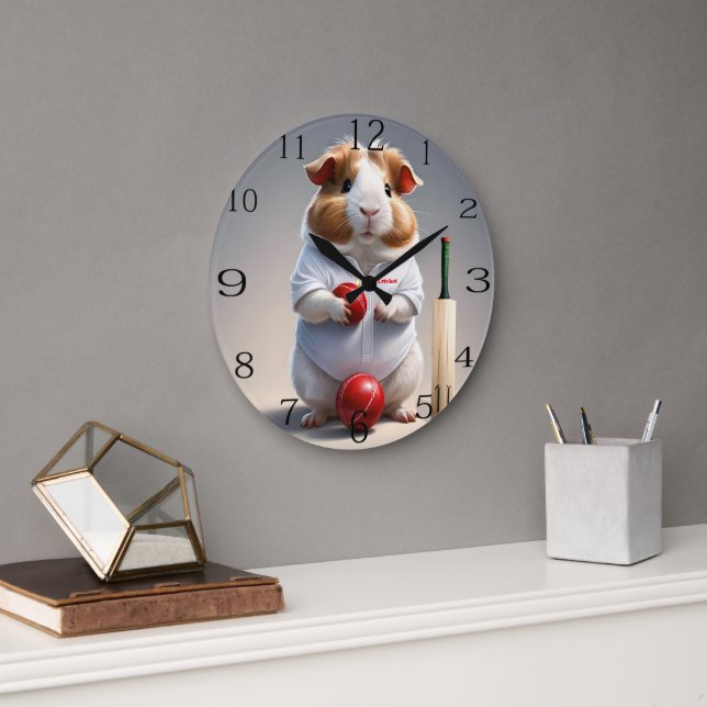 Ready for the Pitch: Guinea Pig in Cricket Gear, Large Clock (Office)