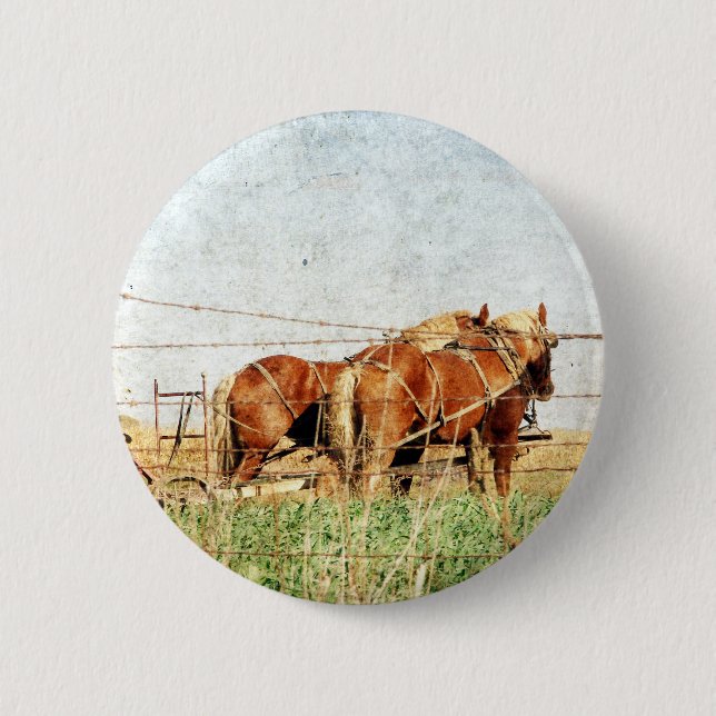 Ready For Work, Two Draught   Horses 6 Cm Round Badge (Front)