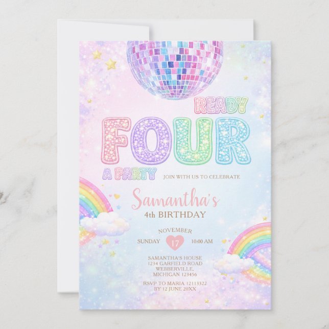 Ready FOUR a party Disco Rainbow Birthday Invitation (Front)