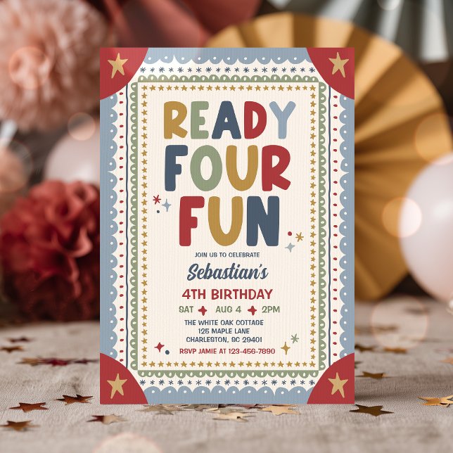 Ready Four Fun Whimsical Boy 4th Birthday Party Invitation (Creator Uploaded)