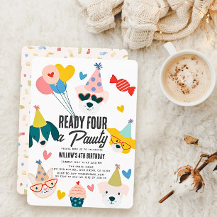 Ready Four Pawty Dogs & Cat Balloons 4th Birthday Invitation