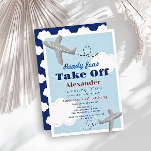 Ready Four Take Off Aeroplane Boy 4th Birthday Invitation