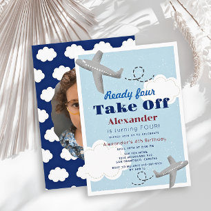 Ready Four Take Off Aeroplane Photo 4th Birthday Invitation