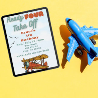 Ready FOUR Take Off, airplane 4th Birthday Invitation