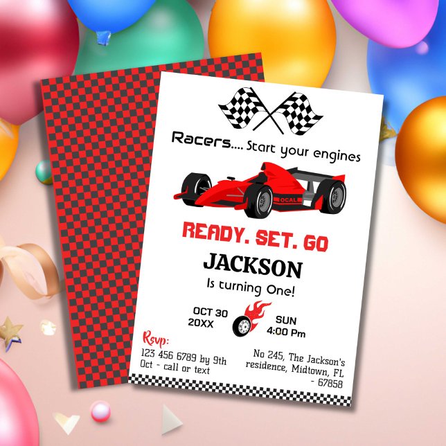 Ready set go red racing car modern 1st birthday invitation (Creator Uploaded)
