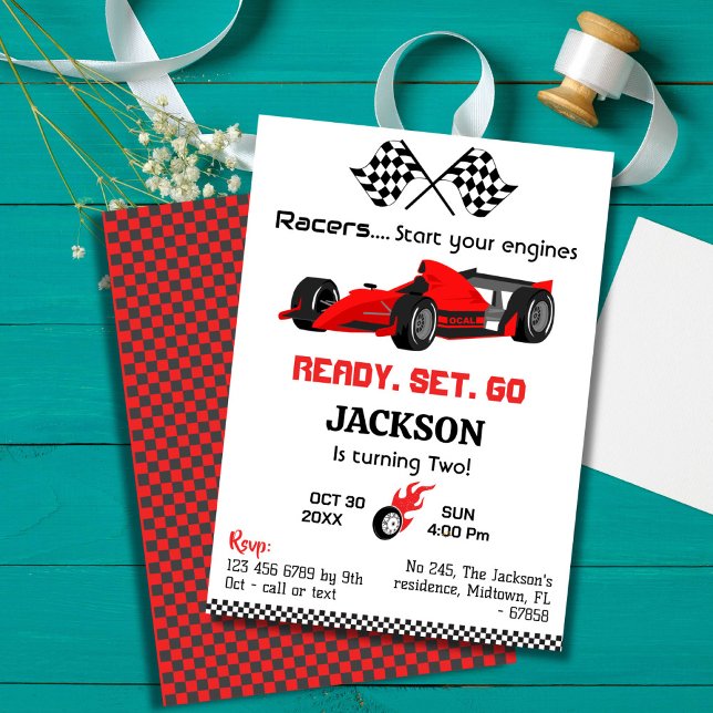 Ready set go red racing car modern 2nd birthday invitation (Creator Uploaded)