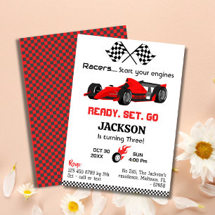 Ready set go red racing car modern 3rd birthday invitation