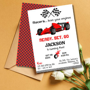 Ready set go red racing car modern 5th birthday invitation