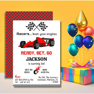 Ready set go red racing car modern 6th birthday invitation