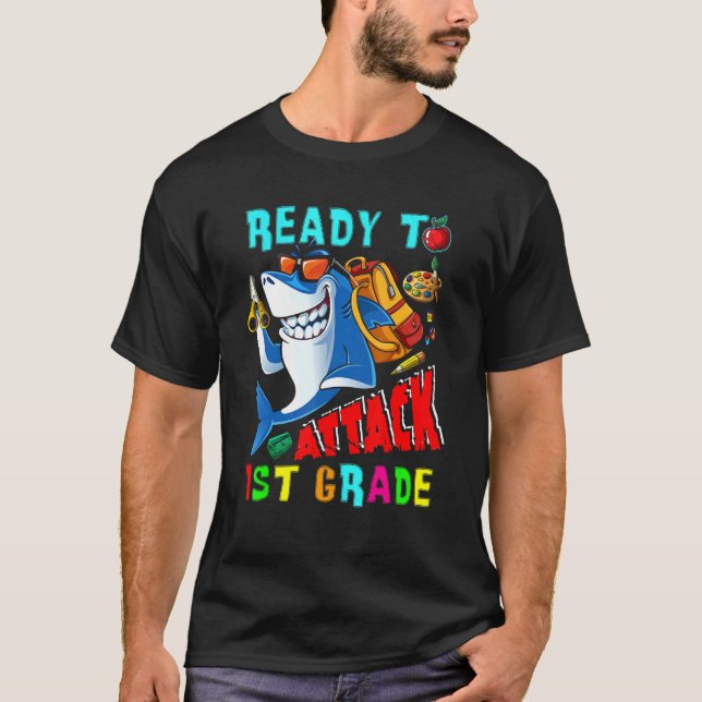 Ready To Attack 1st Grade  Shark Back To School St T-Shirt (Front)