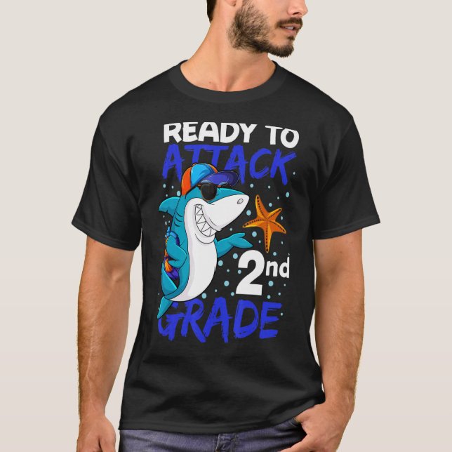 Ready To Attack 2nd Grade Cool Shark  Back To Scho T-Shirt (Front)
