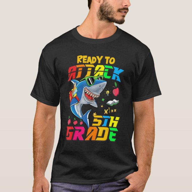 Ready To Attack 5th Grade Shark Back To School Tea T-Shirt (Front)