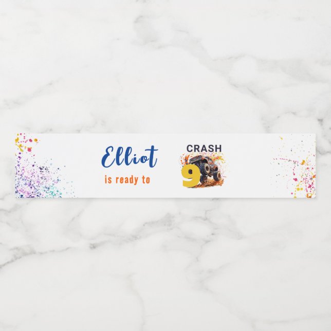 Ready to crash monster truck birthday water bottle label (Single Label)