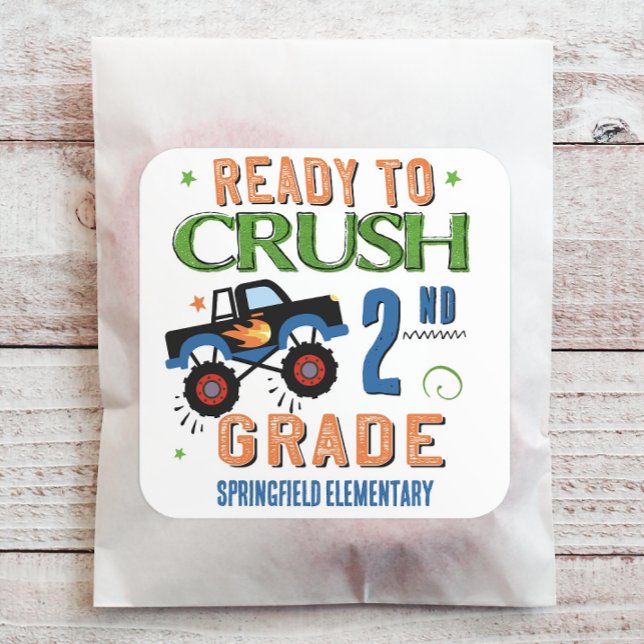 Ready to Crush 2nd Grade Square Sticker (Customize this back to school sticker with your grade level and school or teacher name.)