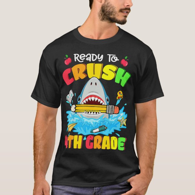 Ready To Crush 4th Grade Shark Back To School Boys T-Shirt (Front)