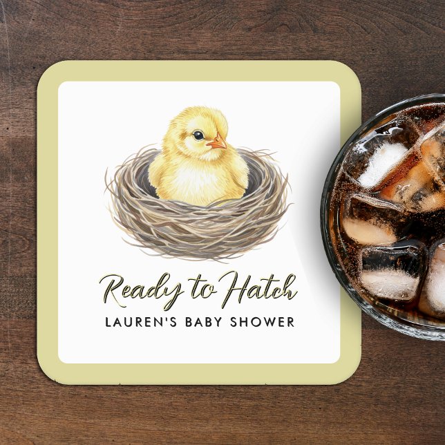 Ready To Hatch Yellow Spring Chick Baby Shower Square Paper Coaster (Creator Uploaded)