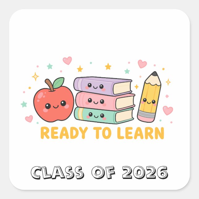 Ready To Learn Kawaii School Apple Square Sticker (Front)