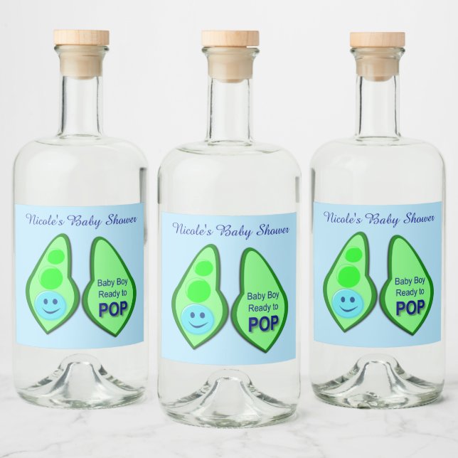 Ready to Pop Baby Boy Blue Pea Baby Shower Custom Liquor Bottle Label (Bottles)