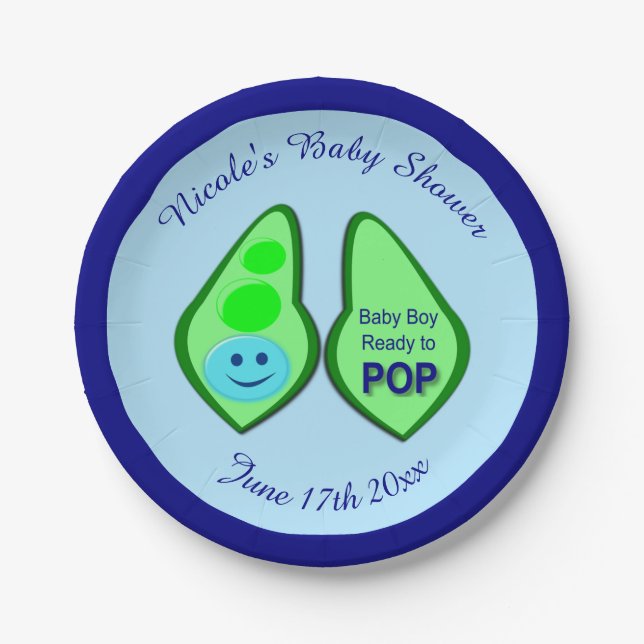 Ready to Pop Baby Boy Blue Pea Custom Baby Shower Paper Plate (Front)