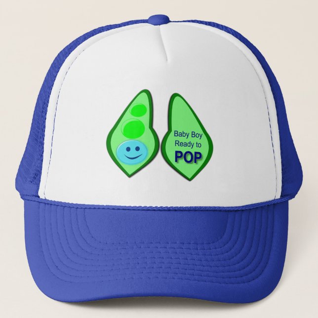 Ready to Pop Baby Boy Blue Pea Trucker Hat (Front)