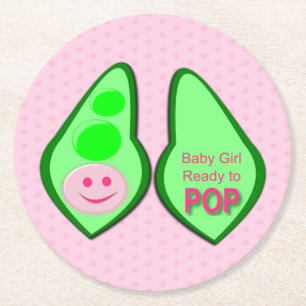 Ready to Pop Baby Girl Pink Pea Baby Shower Round Paper Coaster